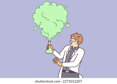 Mad scientist conducts dangerous chemistry experiment with reagents and fails due to explosive chemical reaction. Man in white coat working in chemical laboratory is shocked to see green smoke