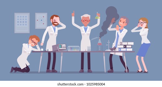 Mad scientist failed chemical experiments. Male and female experts of physical or natural laboratory and crazy professor. Science and technology concept. Vector flat style cartoon illustration