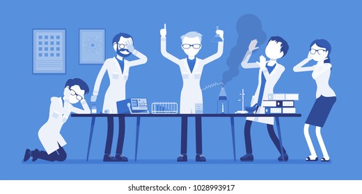 Mad scientist failed chemical experiments. Male and female experts of physical or natural laboratory and crazy professor. Science and technology concept. Vector illustration with faceless characters