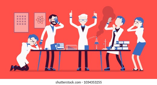 Mad scientist failed chemical experiments. Male and female experts of physical or natural laboratory and crazy professor. Science and technology concept. Vector illustration with faceless characters