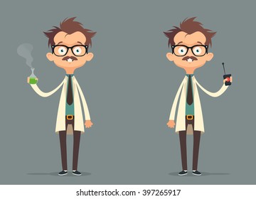 Mad Scientist Holding Test Tube and Remote Controller. Vector Set