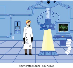 Mad Scientist In Lab With Electric Equipment And Machines