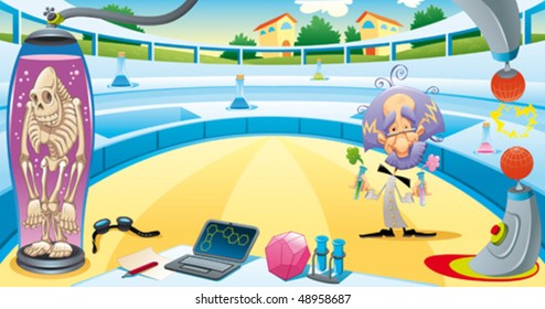 Mad Scientist In The Laboratory. Funny Vector And Cartoon Illustration. Isolated Objects