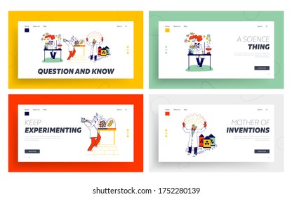 Mad Scientist Landing Page Template Set. Crazy Chemist Characters Conduct Experiments in Scientific Laboratory Mix Liquids in Flasks, Grow Virus and Use Electricity. Linear People Vector Illustration