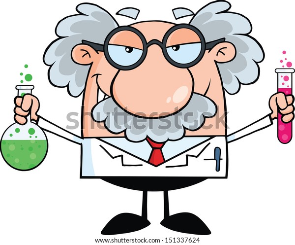 Mad Scientist Or Professor Holding A Bottle And
Flask With Fluids