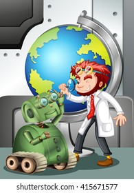 Mad scientist with robot and globe illustration