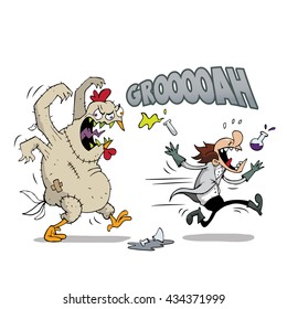 Mad scientist running away from big giant chicken