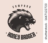 Mad screaming honey badger - vector vintage engraving woodcut style - hipster logo