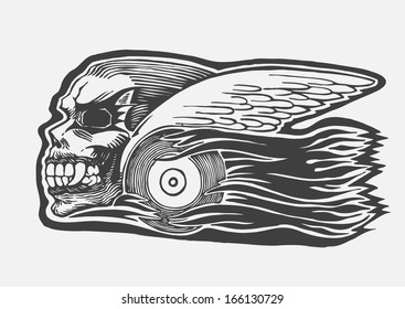 mad skull with wings and wheel and tongues of flame. biker symbol. engraving style. vector illustration. 