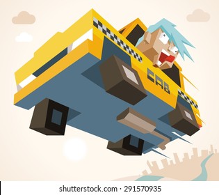 mad taxi in rush. vector illustration