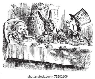 Mad Hatter?s Tea Party, Alice in Wonderland original vintage engraving. Tea party with the Mad Hatter, Dormouse and the White Rabbit. Alice's Adventures in Wonderland. Illustration from John Tenniel