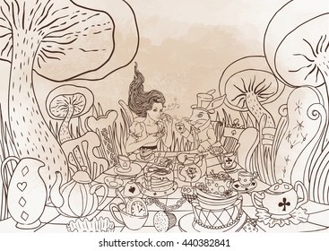 Mad Tea Party. Alice's Adventures in Wonderland illustration. Girl, white rabbit drink from cups under giant mushrooms. Design for Wonderland party  invitation, postcard. Coloring book for adult page