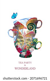 Mad Tea Party. Silhouette Of Tea Cups On White Background And  Wonderland Fantastic Landscape With Mushrooms, Castle, Red And White Roses And Butterflies.
Illustration To Wonderland Fairytale 