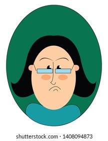 A mad teacher with thin eyebrows, wearing blue spectacles, with Angry look, vector, color drawing or illustration. 
