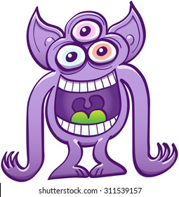 Mad three-eyed alien with pointy ears, big mouth, purple skin and long arms while staring at you, laughing animatedly and mocking at you