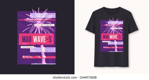 Mad waves stylish graphic tee vector design, print. 