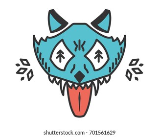 Mad wolf. Cartoon animal isolated on white. Stylized wild wolf head. Animal with bared teeth. Cyan illustration