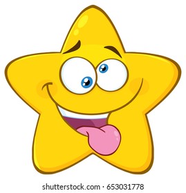 Mad Yellow Star Cartoon Emoji Face Character With Crazy Expression And Protruding Tongue. Vector Illustration Isolated On White Background