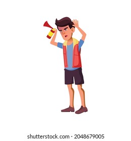 mad young man humming with fan hooter on stadium cartoon vector. mad young man humming with fan hooter on stadium character. isolated flat cartoon illustration