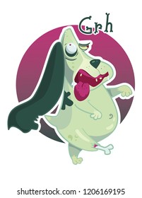 Mad zombie green basset hound dog goes to eat brains. Postcard, sticker.