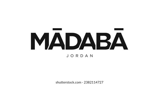 Madaba in the Jordan emblem for print and web. Design features geometric style, vector illustration with bold typography in modern font. Graphic slogan lettering isolated on white background.