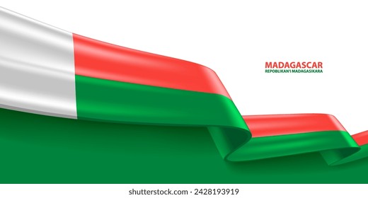 Madagascar 3D ribbon flag. Bent waving 3D flag in colors of the Madagascar national flag. National flag background design.