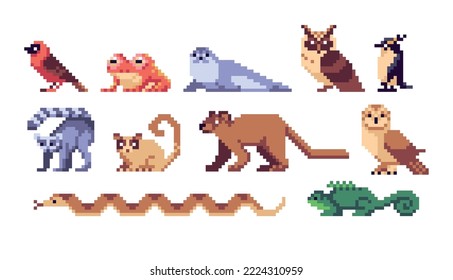 Madagascar Animals Pixel Art Set. Rare Exotic Wildlife Collection. Lemurs, Fossa, And Tenrecs. 8 Bit Sprite. Game Development, Mobile App.  Isolated Vector Illustration.