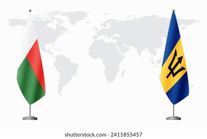 Madagascar and Barbados flags for official meeting against background of world map.