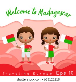 Madagascar : Boy and girl with national flag : Vector Illustration