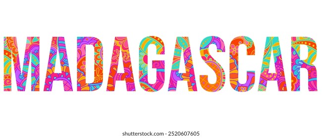 Madagascar design de texto criativo país repleto de padrão doodle colorido	