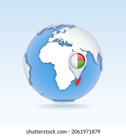Madagascar - country map and flag located on globe, world map. 3D Vector illustration
