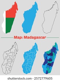 Madagascar country map set. internal provinces borders marked, Simple map of Madagascar vector drawing, Filled and outline.