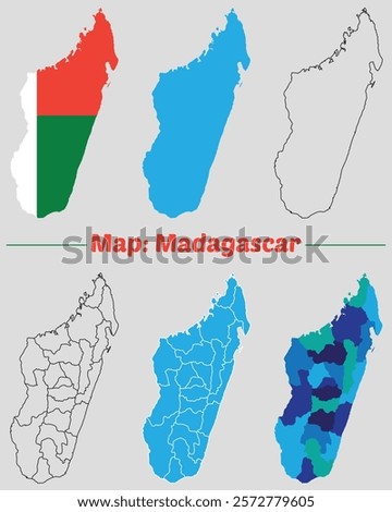 Madagascar country map set. internal provinces borders marked, Simple map of Madagascar vector drawing, Filled and outline.