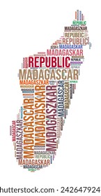 Madagascar country shape word cloud. Typography style country illustration. Madagascar image in text cloud style. Vector illustration.