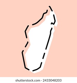 Madagascar country simplified map. White silhouette with black broken contour on pink background. Simple vector icon