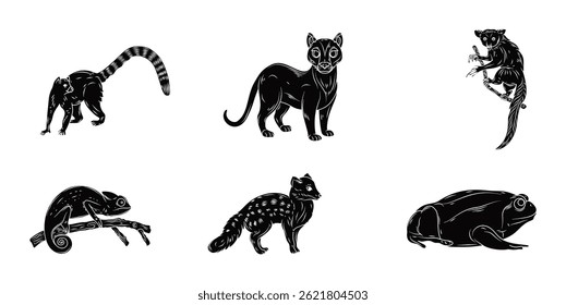 Conjunto de Vector de ilustración de silueta de criaturas de Madagascar
