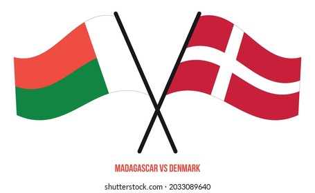 Madagascar and Denmark Flags Crossed And Waving Flat Style. Official Proportion. Correct Colors.