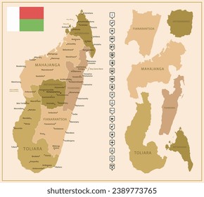 Madagascar - detailed map of the country in brown colors, divided into regions. Vector illustration