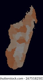 Madagáscar pontilhou mapa. Mapa de estilo digital do país sobre fundo escuro. Forma de Madagascar com pontos quadrados. Estilo de pontos coloridos. Quadrados de tamanho pequeno. Ilustração de vetor artístico.