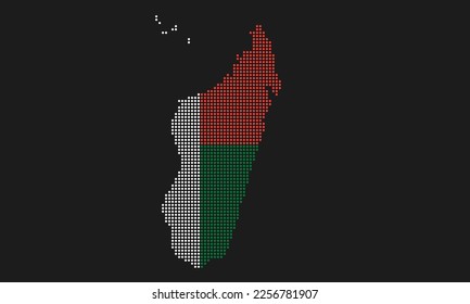 Bandera del mapa con puntos de Madagascar con textura gruesa en el estilo de los puntos mosaicos. Ilustración de vector píxel abstracto de un mapa de país con efecto de semitono para infografía. 