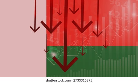 Colapso económico de Madagascar, valores decrecientes con monedas, crisis y concepto de degradación, bandera de Madagascar con cambios, flecha que cae, idea de Anuncio de noticias, falla y disminuye, declive financiero