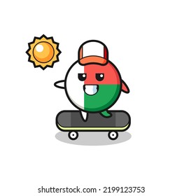 madagascar flag badge character illustration ride a skateboard , cute design