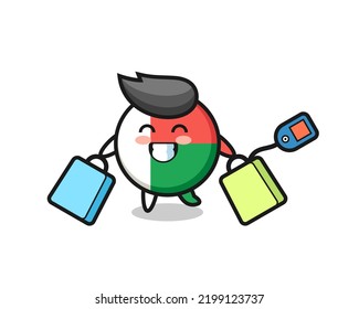 caricatura de mascota de la bandera de madagascar sosteniendo una bolsa de compras, diseño lindo