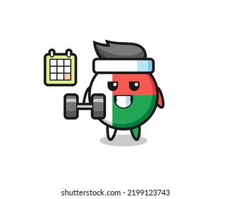 madagascar flag badge mascot cartoon doing fitness with dumbbell , cute design