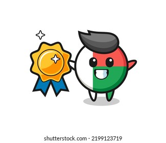 madagascar flag badge mascot illustration holding a golden badge , cute design