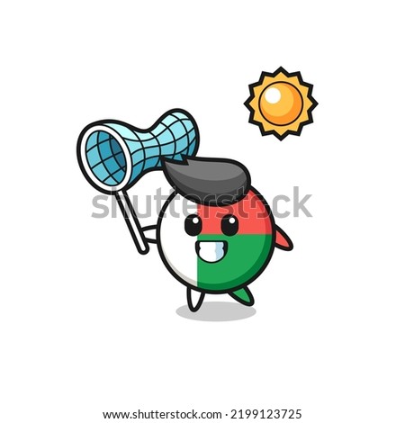 madagascar flag badge mascot illustration is catching butterfly , cute design