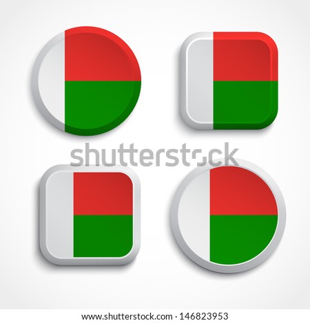 Madagascar flag buttons set on the white background, vector illustrations