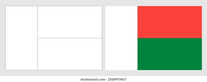 Madagascar flag - coloring page. Set of white wireframe thin black outline flag and original colored flag.