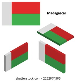 Madagascar flag, Country flag, vector set of isometric flat icons, 3D style, different views. Design elements for banners, websites, presentations, infographics, map