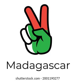  Madagascar flag in the form of a peace sign. Gesture V victory sign, patriotic sign, icon for apps, websites, T-shirts, souvenirs, etc., isolated on white background